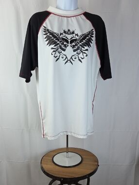 burnside White and Black Raglan Tee with Winged Skull Graphic